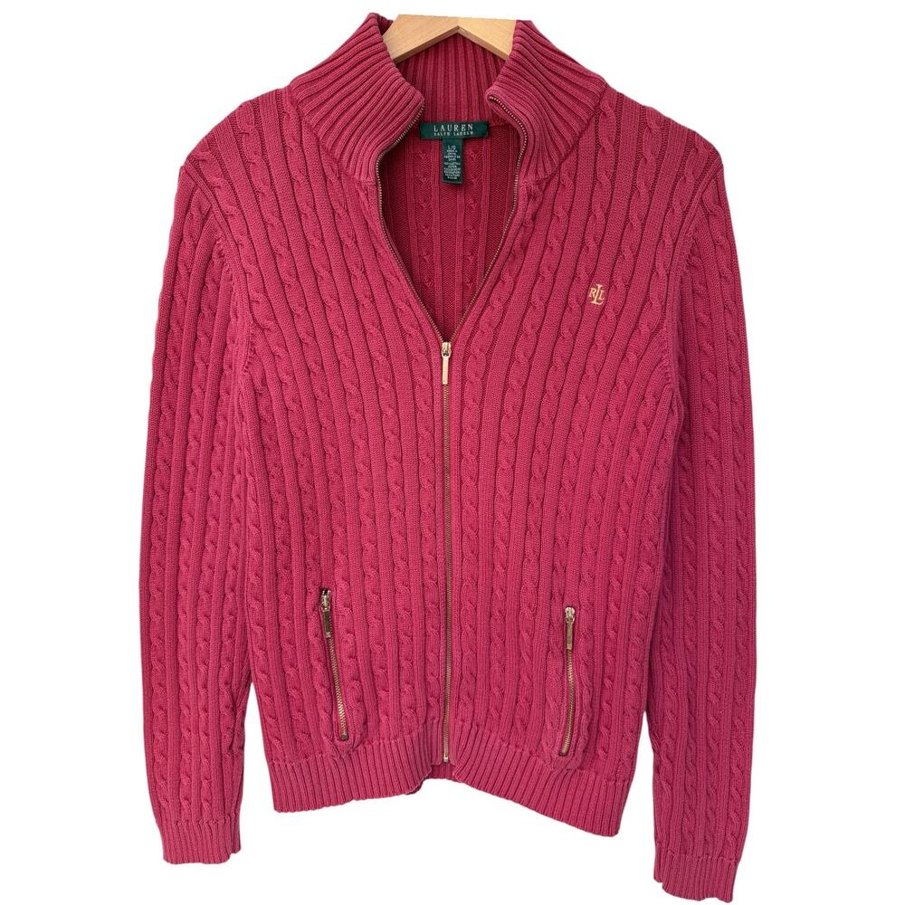 Lauren Ralph Lauren Sweater Womens Large Pink Cable Knit Full Zip Cotton